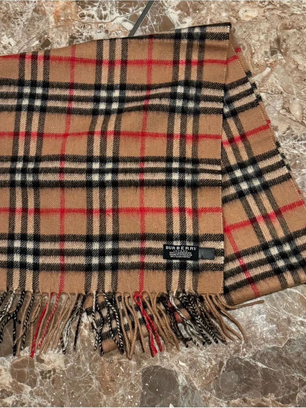 Burberry Beige Camel Check Wool Scarf with Black and Red Plaid
